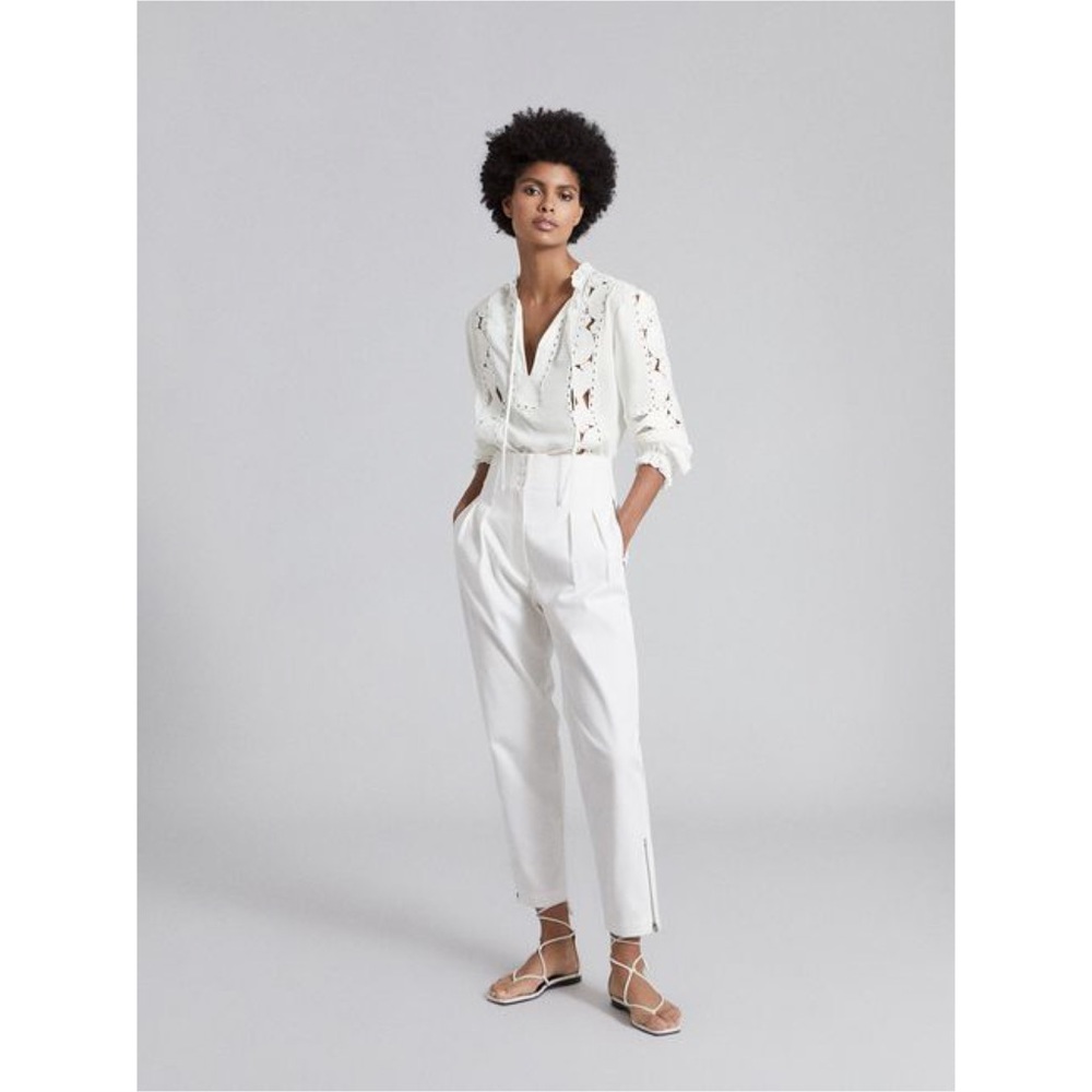 New REISS The Serina cotton pleated white pants Size 4